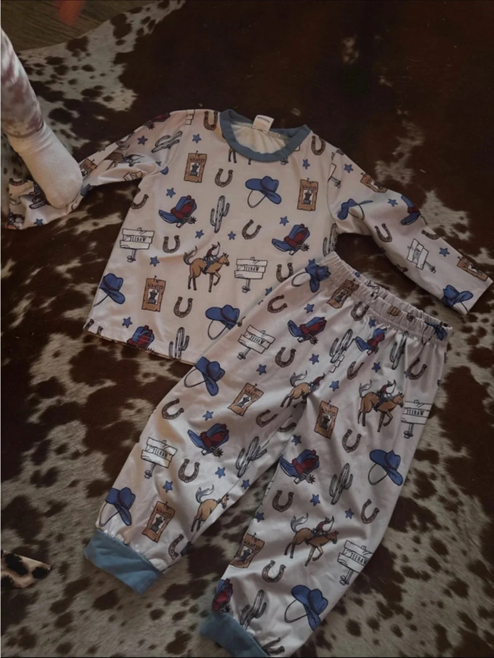 Trendy boutique Western Cowboy Print Pajama Set - Blue and Brown Accents